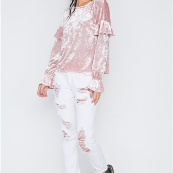 Blush Crushed Velvet Ruffle Sleeve Top - Picture 4 of 4